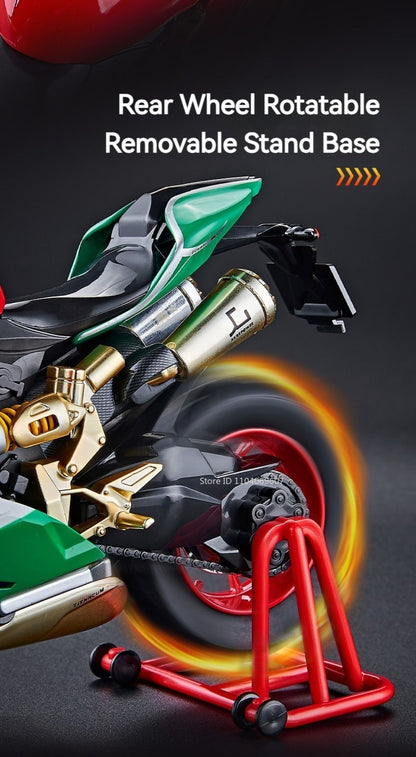 Modelos de motocicleta em miniatura 1:9 Scale 1299 V4S Brinquedos de motocicleta de liga leve com som, luz e absorção de choque, motocicletas de ornamento para presentes infantis