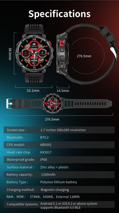 2026 New 1.7-inch Military sports SmartWatch 1100mAh large battery Outdoor compass flashlight 5ATM waterproof BT Call SmartWatch