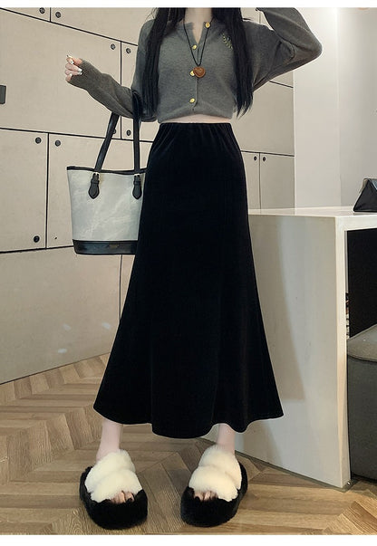 Elastic Velvet Long Black Skirts Women 2025 Casual Korean Fashion Y2k Clothes Mid Length Elegant High Waist Harajuku Maxi Skirt
