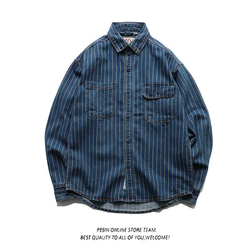 American Retro Workwear Long Sve Denim irt Loose Casual Striped ket irt Youth Trend Autumn Wear Iron Free