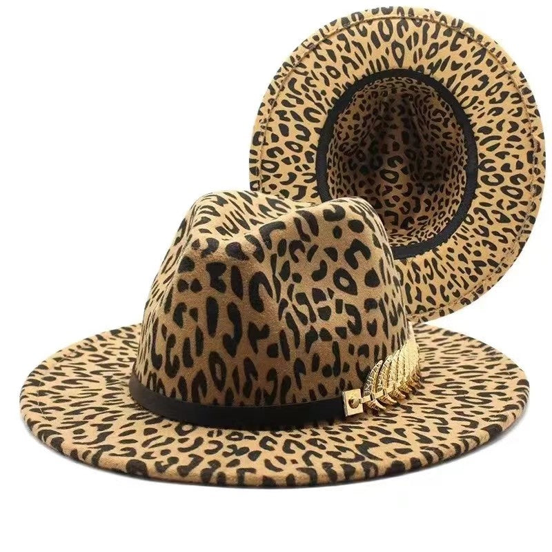 2024 winter fedora hats for women fashion Flat wide Brim Panama Wool Felt Jazz Fedora Hats for men Leopard goth top wedding Hat