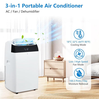Ar-condicionado portátil 14000 BTU, unidade de AC de chão 3 em 1 com ventilador, desumidificador, controle remoto, modo de hibernação