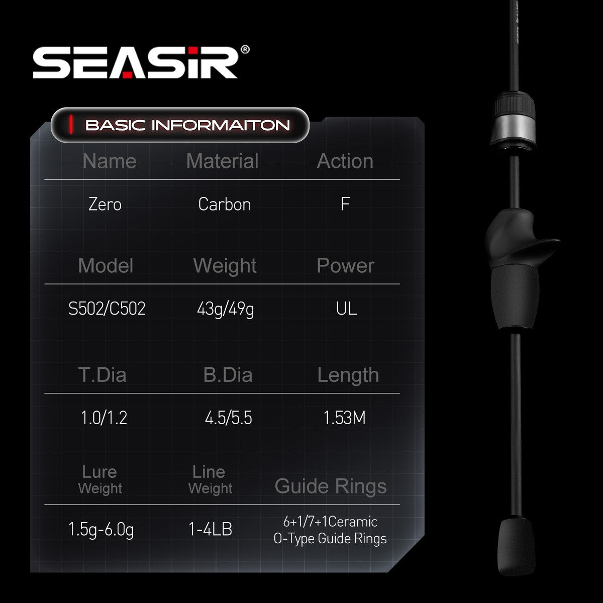 Seasir Zero 43g Fishing Rod BFS Ultralight  Carbon Fiber 1.53M UL Lure Weight 1.5-6G 2 Sections Stream River Fishing Rods
