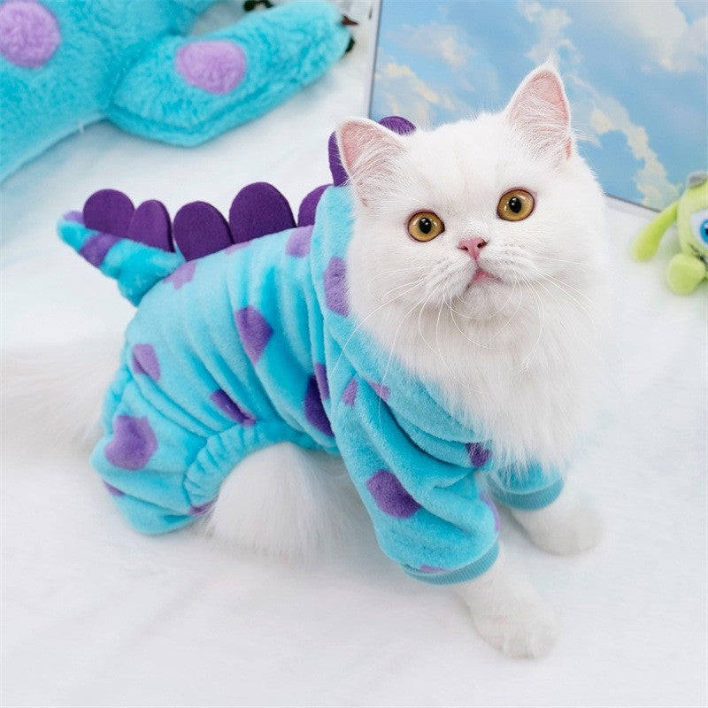 Fantasia de dinossauro de pelúcia para animais de estimação, macacão de 4 patas para gatos e cães, roupa fofa de flanela de inverno para cosplay em festas e festivais