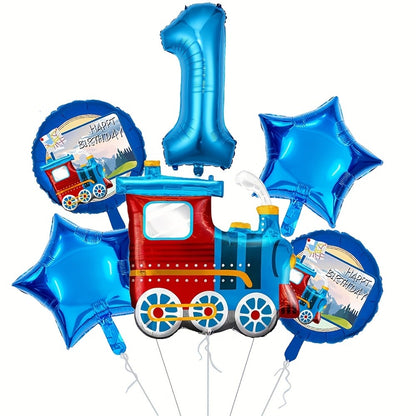 6pcs Retro train Balloon Set Blue Digital 0-9 Foil Balloon Cartoon Train Balloon Birthday Party Decoration Supplies Baby Shower
