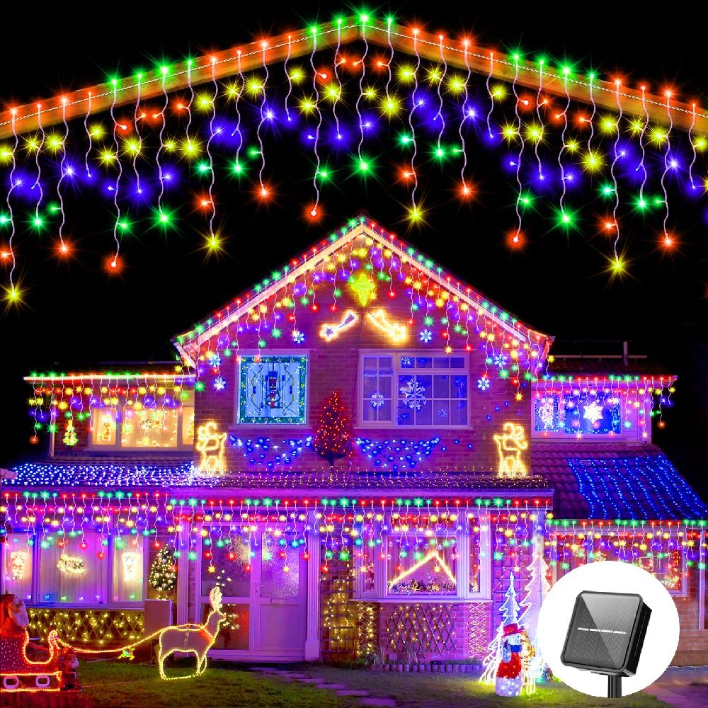 Christmas Lights Outdoor Waterproof Solar Curtain Icicle Lights Eaves Decor String Lights for Yard Party Holiday Decorations