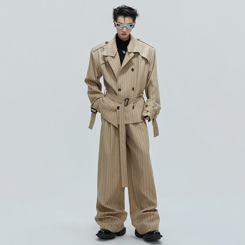 LUZHEN Fashion Stripe Printed Stand Neck Double Breasted Male Coat 2025 Autumn New Handsome Straight Casual Trousers Men JY4780