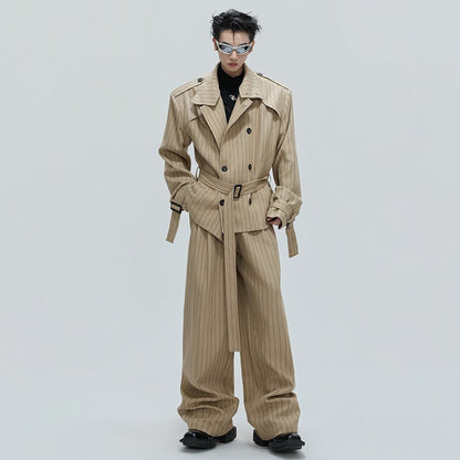 LUZHEN Fashion Stripe Printed Stand Neck Double Breasted Male Coat 2025 Autumn New Handsome Straight Casual Trousers Men JY4780