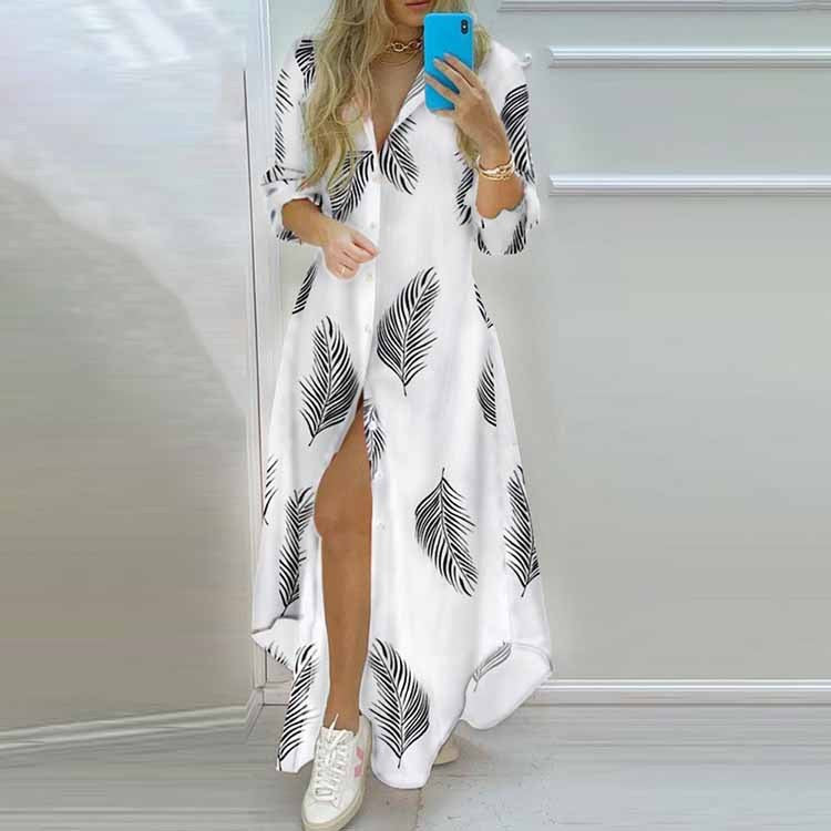 Autumn Women's New Long Shirt Skirt Long Skirt Single Breasted Printed Shirt Sleeve A-line Lapel Slit Long Sleeved Elegant Dress