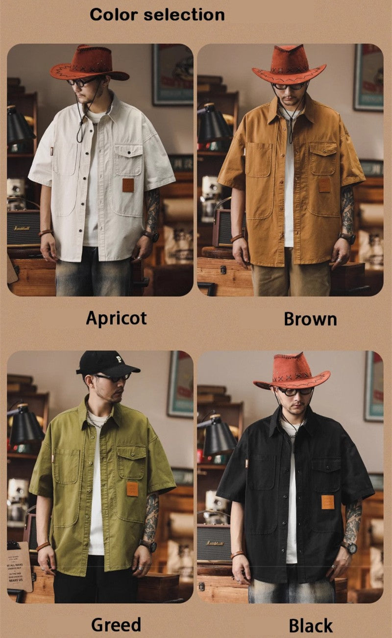 2025 Summer Men's Multi-pocket Oversized Short Sleeve Shirts High Street Fashion Cargo T-shirt New American Casual Y2K Shirt