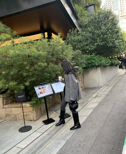 Korean Sle Woolen Coat Women's Chic Temperament Sweet Bow Tie Collar Hooded Warm Woolen Coat Long Sve Mid-Length