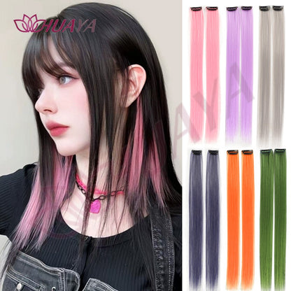 Extensões de Cabelo Sintéticas Coloridas de 2 Peças 50cm, Longas Lisas Rosa/Azul/Roxo para Halloween/Natal