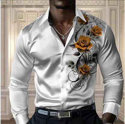 High-end men's rose shirt, casual and comfortable button-down long-sleeved shirt, fashionable four-season shirt, plus-size desig