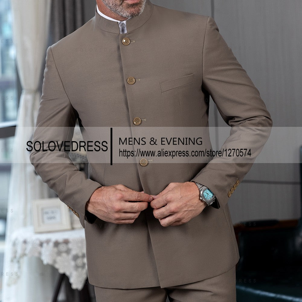 Classic 2 Piece Men's Slim Fit Solid Color Stand Collar Wedding Suit (Blazer+Pants?