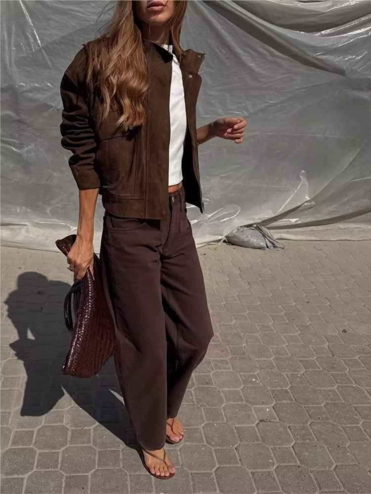 NERHEFZ Women Autumn Jacket with Pockets High Collar Long Sleeve Button Suede Leather Women's Jacket Lady Coats Female Chic Tops