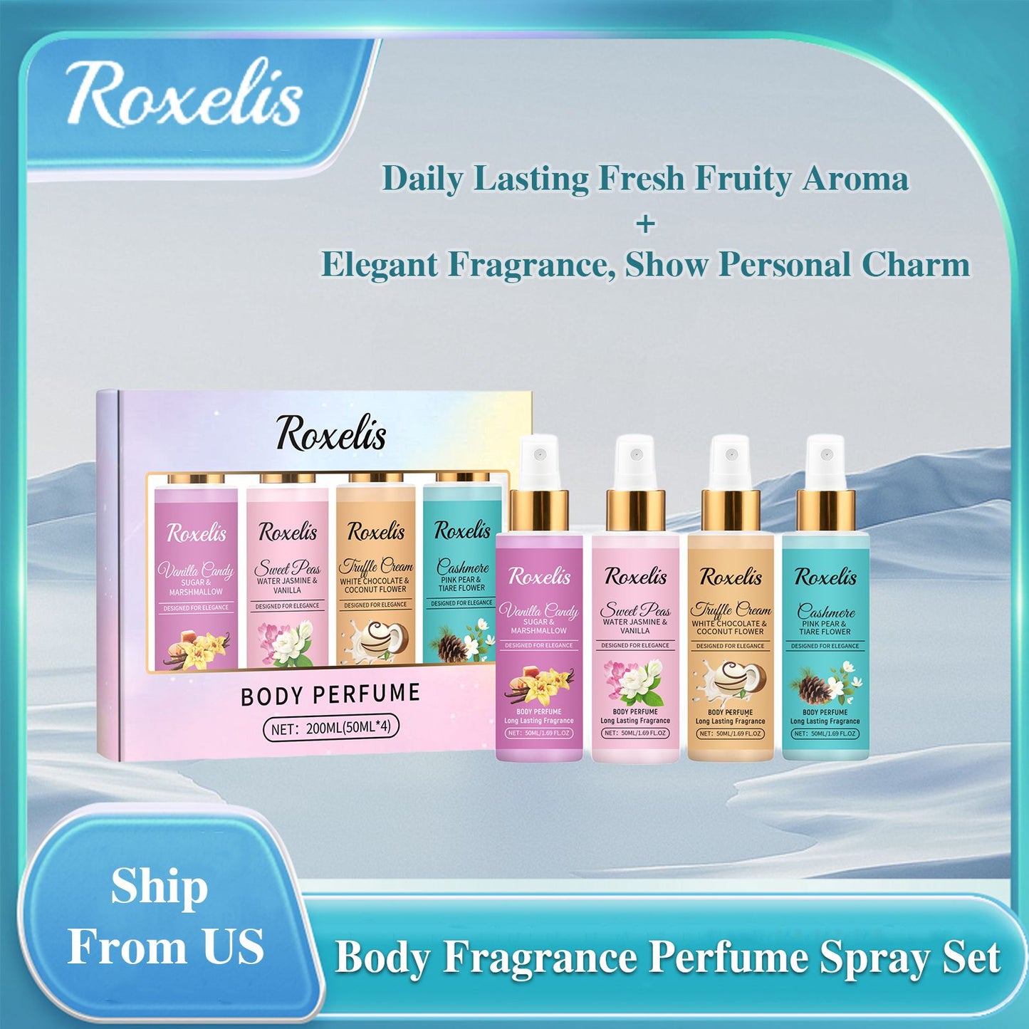 Roxelis 1 Conjunto de Perfume em Spray Corporal de Longa Duração com Fragrância de Frutas Frescas para o Dia a Dia, Encontros, Glamour, Flertes e Perfume Elegante