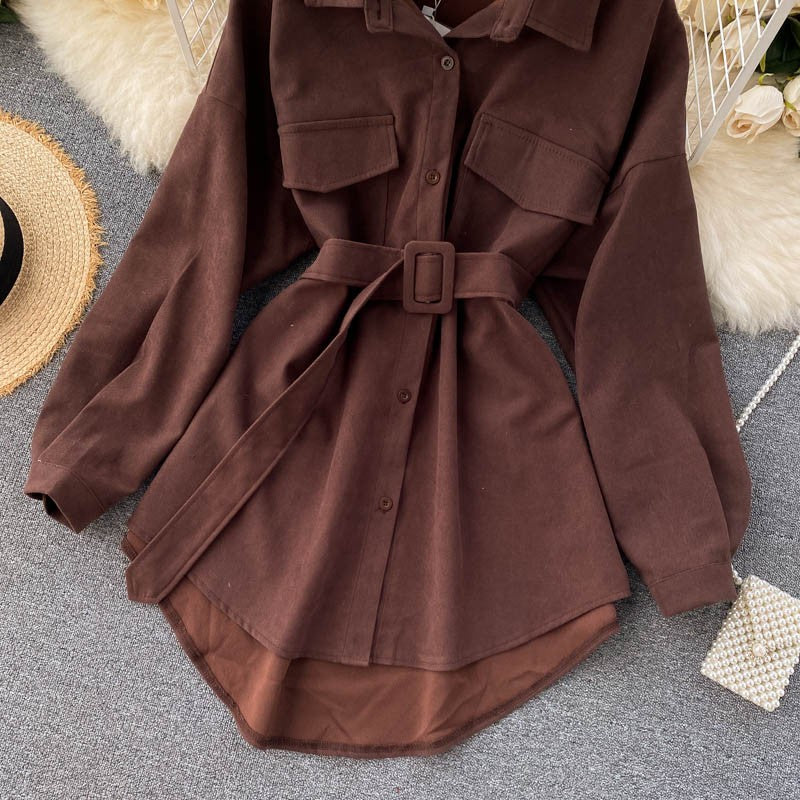 Women Spring Autumn Shirts Retro Cargo Style Pockets Long-Sleeved Shirt Puff Sleeve Bandage Nipped Waist Tops Female PL438