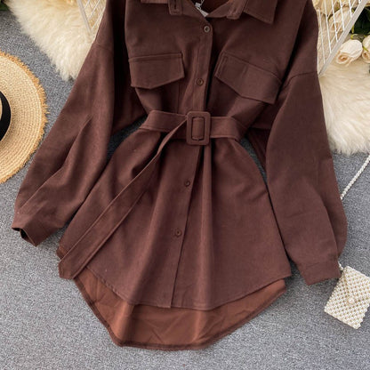 Women Spring Autumn Shirts Retro Cargo Style Pockets Long-Sleeved Shirt Puff Sleeve Bandage Nipped Waist Tops Female PL438
