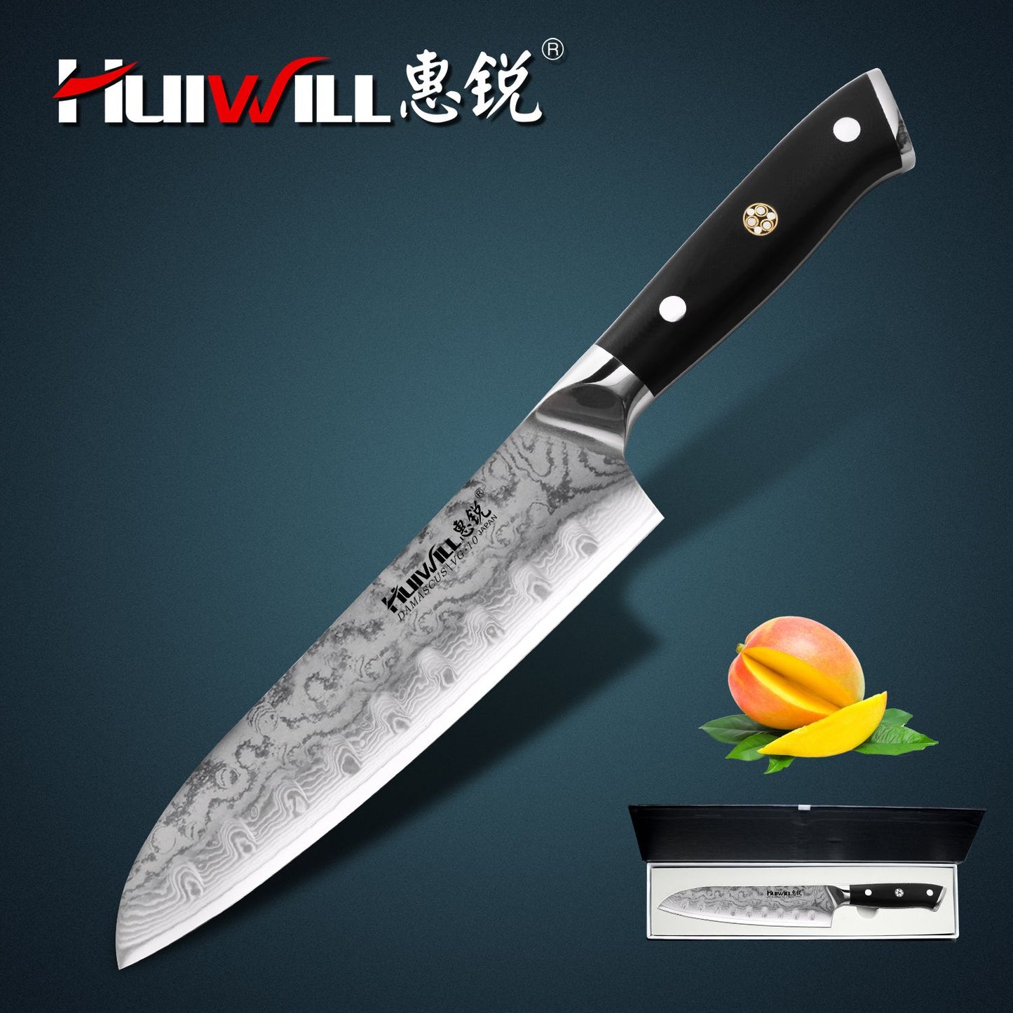 Huiwill Super Qualidade 8" Japonês VG10 67 Camadas de Aço Damasco Conjunto de Facas de Cozinha para Chef Faca de Corte Faca de Fatiar com Bloco