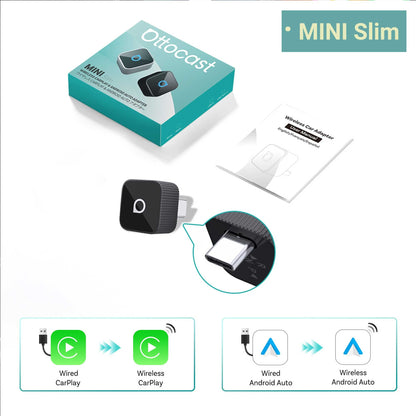 Adaptador OTTOCAST Mini Slim Cube sem fio para CarPlay e Android Auto, 2 em 1, USB, acessórios inteligentes para carro VW Haval Audi Kia Porsche Lexus