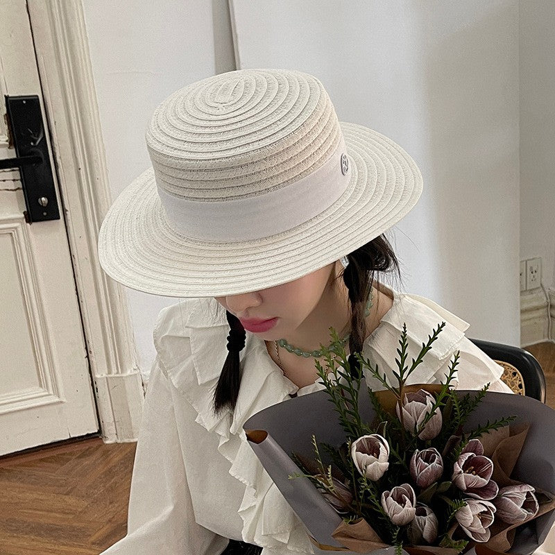 Chapéu de Palha Feminino de Verão Chapéu de Sol Luxuoso Feminino Chapéu de Praia de Proteção Solar da Moda Chapéu Panamá Francês Chapéu Raff de Aba Larga com Topo Abaulado