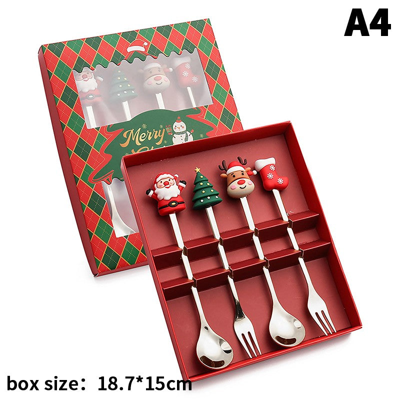 Stainless Steel Christmas Fork And Spoon Set with Gift Box for Coffee Tea Dessert Tableware