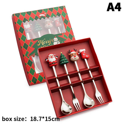 Stainless Steel Christmas Fork And Spoon Set with Gift Box for Coffee Tea Dessert Tableware