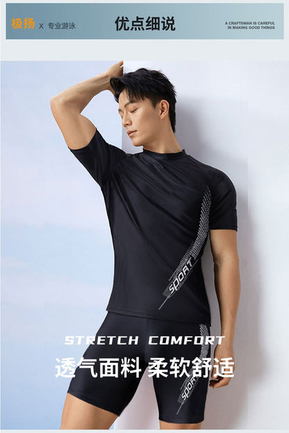 Men Swimsuit O-Neck Short Sleeve Mid-rise Swimming Suit Printing Slim Fit T-shirt Swimming Trucks Set Beachwear