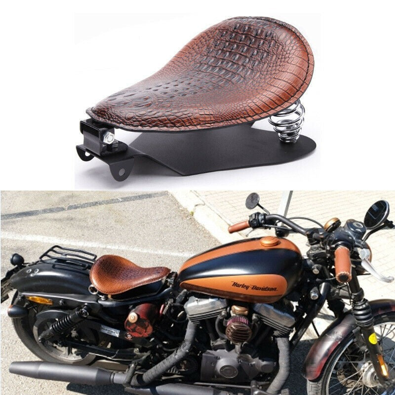 Banco Solo de Couro com Estampa de Jacaré Retrô para Motocicleta Harley Chopper Bobber Honda Yamaha Xs650 Marrom/Preto