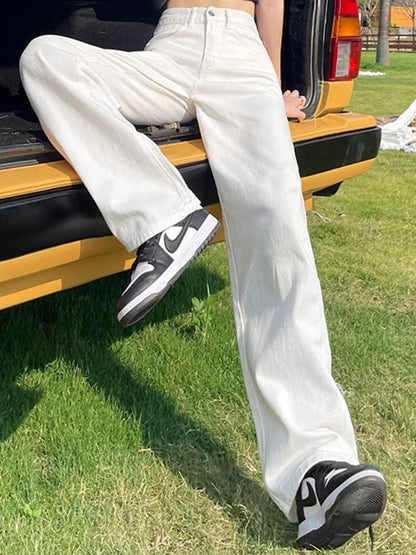 Woman High Waist Wide Leg Jeans Girls Casual Denim Straight Leg Pants Female White Black Blue Light Blue Beige Loose Trousers