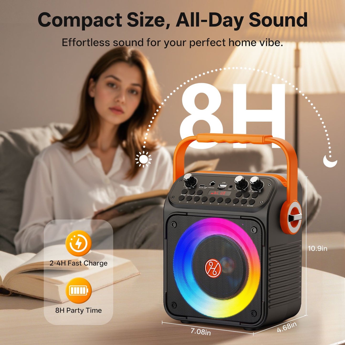 Caixa de Som Karaokê Bluetooth de Alta Potência T35, Luz Rítmica Musical, Som Estéreo Surround 360 Graus, Subwoofer Sem Fio com Microfone Duplo