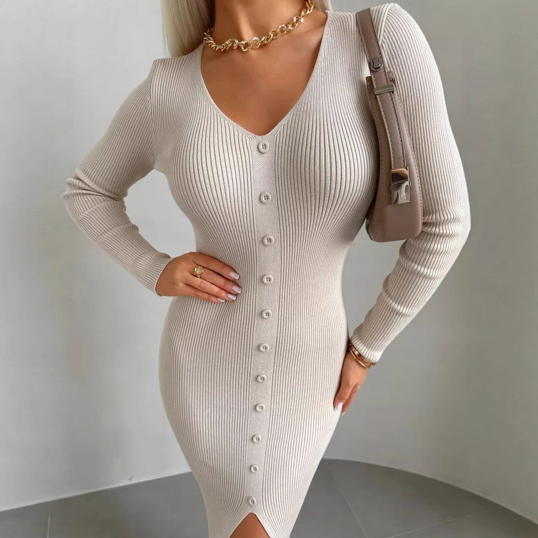 2025 Knitted Dress For Women Vintage Fashion Long Sleeve Dresses Solid Single Breasted V Neck Midi Autumn Winter Dress ???????