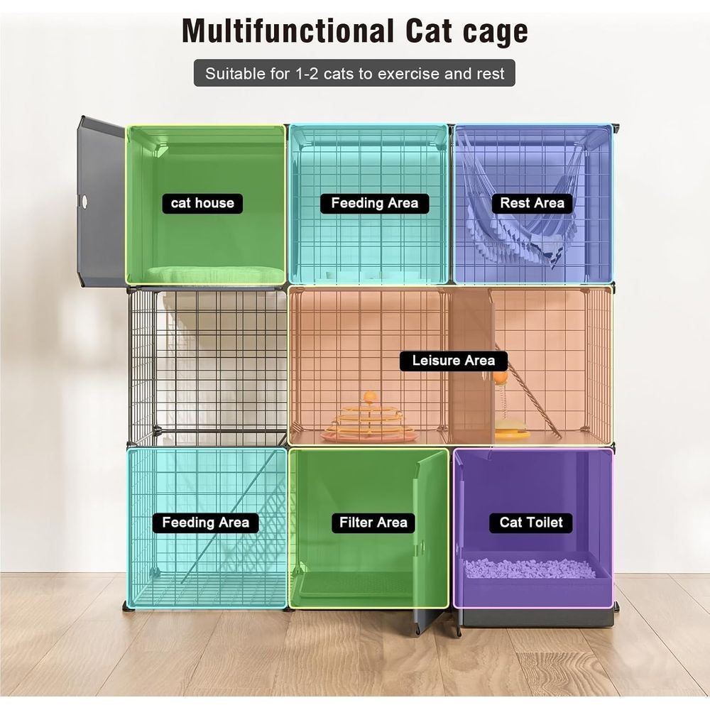 Recinto Multifuncional para Gatos de 3 Níveis: Cercadinho Interno/Externo com Caixa de Areia e Gaiola de Metal Destacável