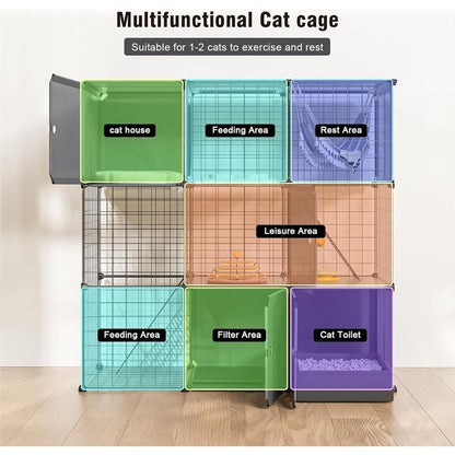 Recinto Multifuncional para Gatos de 3 Níveis: Cercadinho Interno/Externo com Caixa de Areia e Gaiola de Metal Destacável