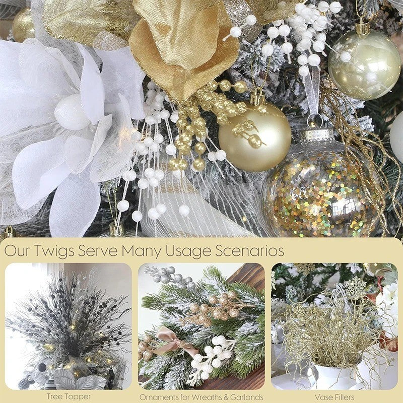 43cm Christmas Decor Foam Artificial Flowers Golden Glitter Berries Bouquet New Year Wreath Home Room Table Wedding Decoration