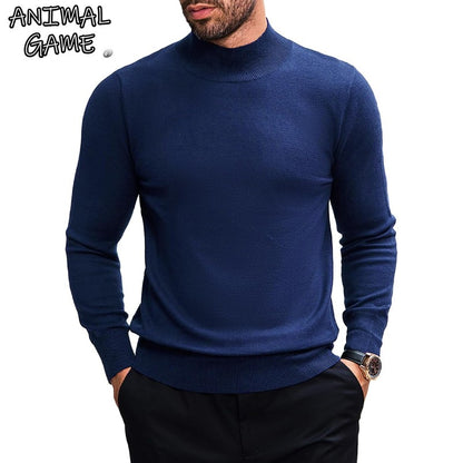 Animal Game Men's Turtleneck Pullover Winter Knit Sweaters Business Jumper Stretch Stand Collar Work Jumper Woolen Cold Blouse