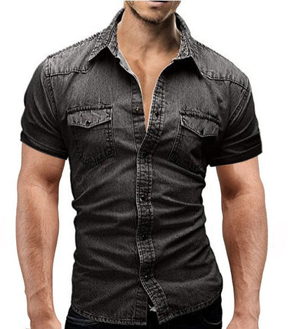 2025 Men Summer Denim Thin Shirt Short Sleeve Soft Cotton Two Pockets Slim Slight Elastic Jeans Cowboy Shirt Clothing