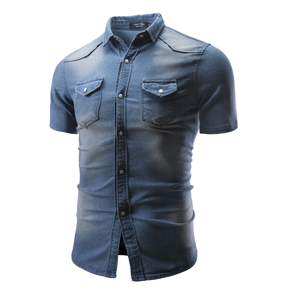 New Men's Fashion Short Sleeve Denim Shirt Soft Solid Color Slim Fit Cowboy Top for Men