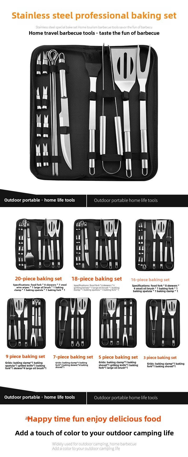 Stainless Steel BBQ Tool Set - Portable Grill Utensils in Oxford Cloth Bag, Complete Outdoor Cooking Kit for Camping &