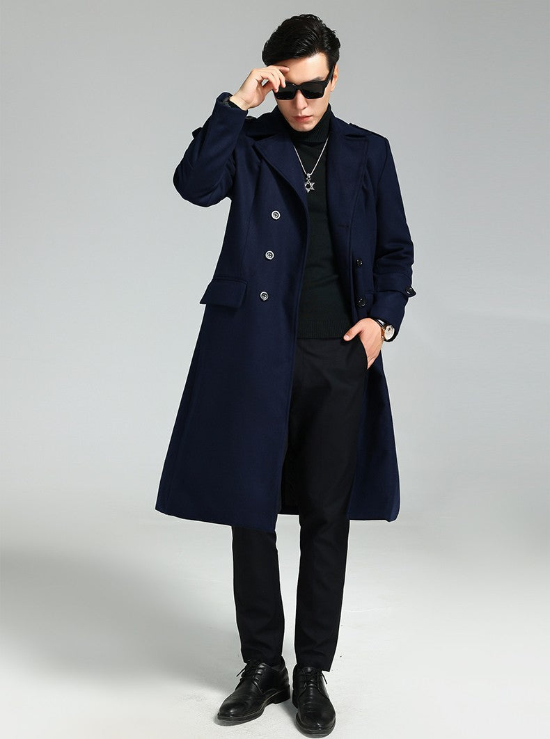 Nerazzurri Autumn Winter Long Elegant Luxury Chic Navy Blue Warm Woolen Coat for Men Double Breasted Wool & blends Overcoat 2023