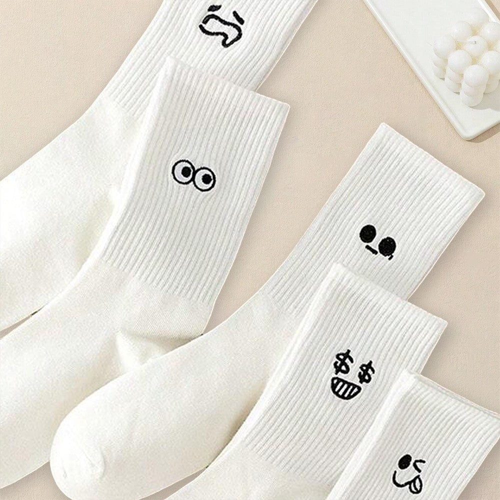 5/10/20 Pairs Men White Cartoon Socks Trendy Versatile Expression Socks With Simple Soft Breathable Comfortable Casual Socks