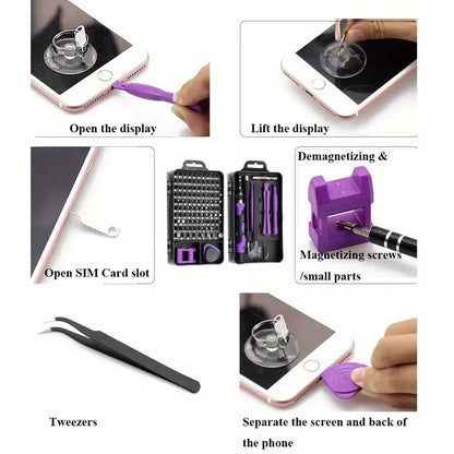 Chave de Precisão Roxa 115 Combinada com 1 Conjunto de Ferramentas Multifuncionais para Reparo Doméstico para Celulares, Relógios, Computadores e Outros Itens