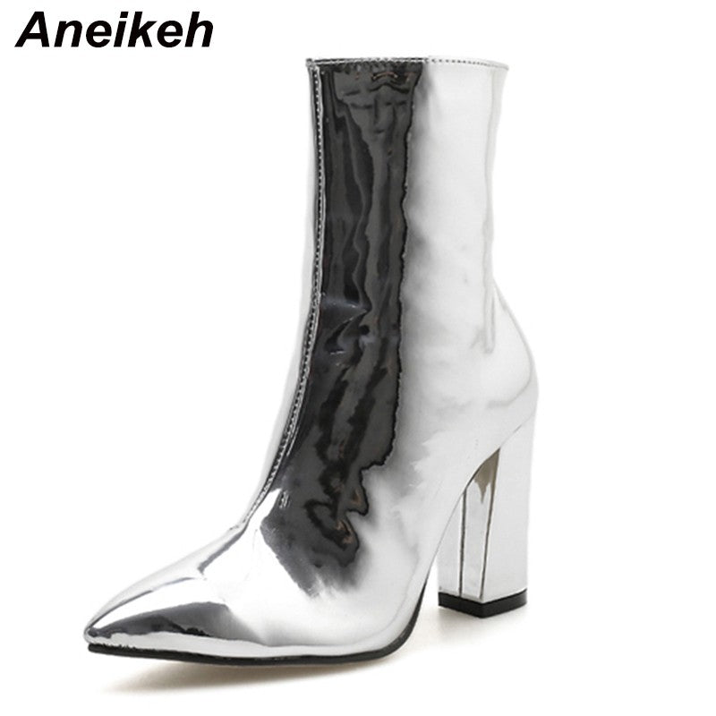 Aneikeh 2025 Spring Fashion Silver Patent Leather Women Ankle Boots Pointed Toe Square High Heels Shoes Chelsea Botas De Mujer