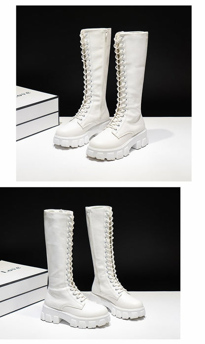 LazySeal Winter Long Boot Shoes Women White Lace Up Zip Height Increasing Pu Leather Shoes Plush Botas Mujer Big Size 43