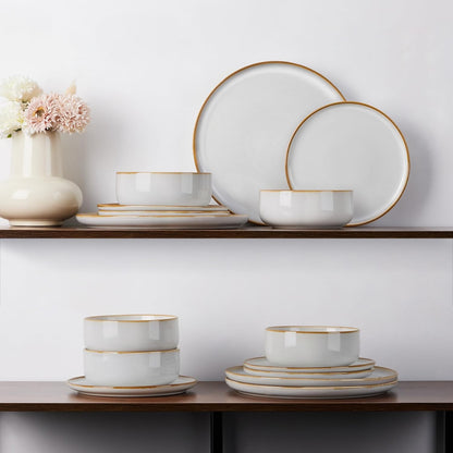 Conjunto de Pratos e Bowls para 4, Aparelho de Jantar em Grés de 12 Peças, Conjunto de Louças de Cerâmica com Esmalte Reativo, Micro-ondas e Lava-louças