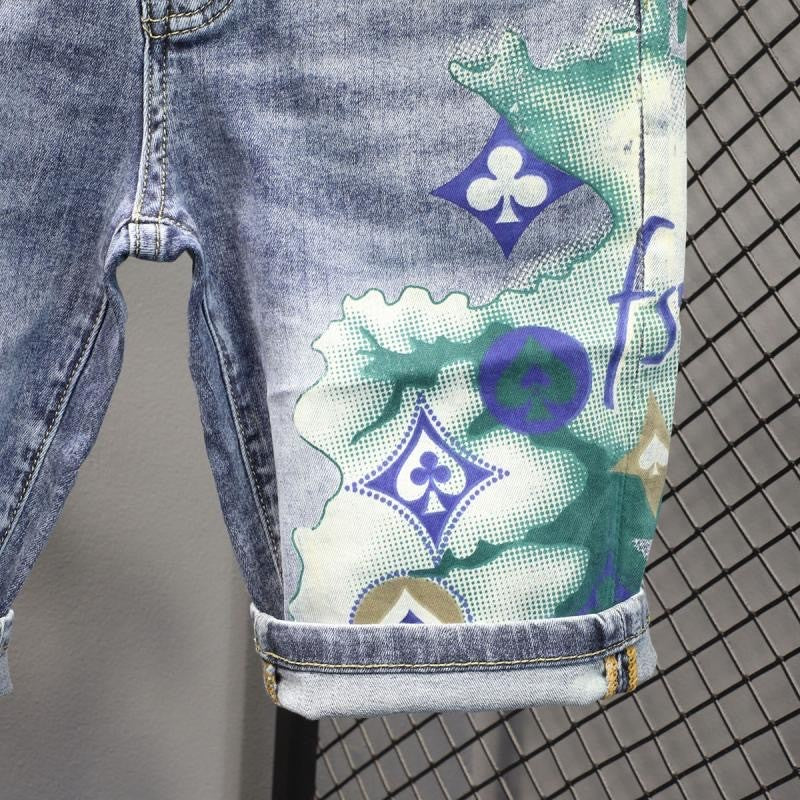 Summer 2024 New Fashion Trend Printed Stretch Cotton Shorts Men's Casual Sashimi Comfort High Quality Plus-Size Denim Shorts