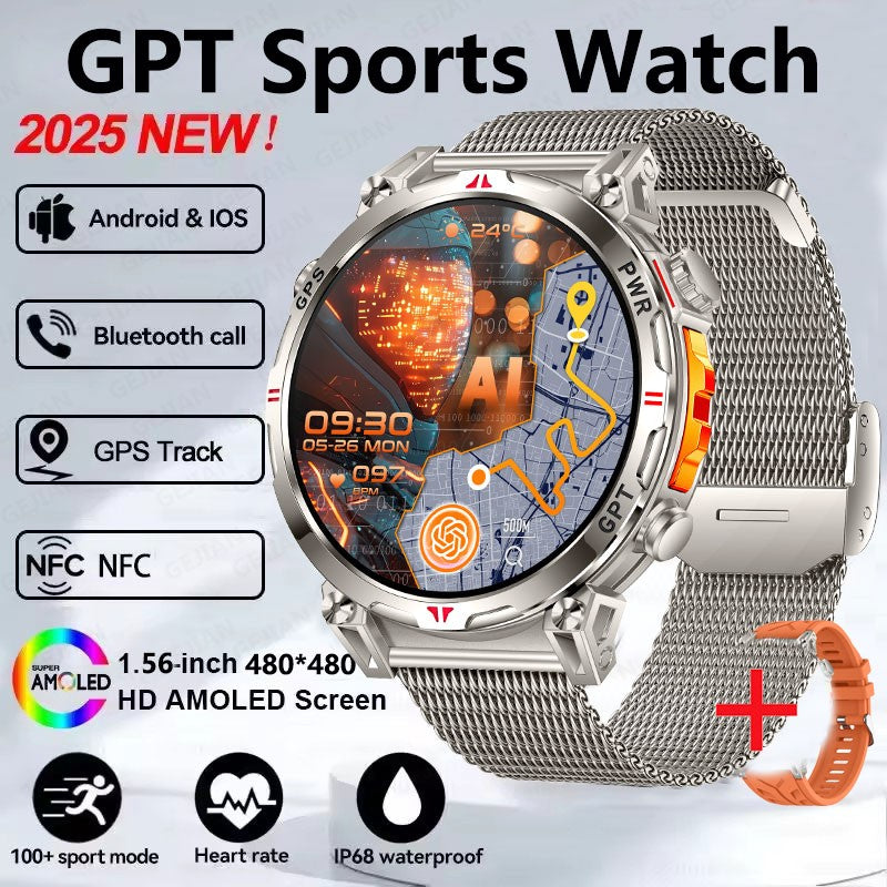 Smartwatch Esportivo 2025 com GPS, GPT, AMOLED de 1,56 polegadas, 488*488, Monitoramento de Frequência Cardíaca, Oxigênio no Sangue e Pressão Arterial, 3ATM