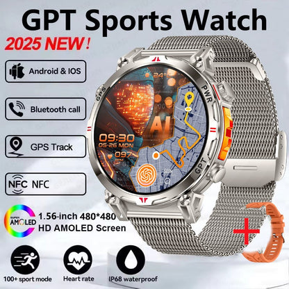 Smartwatch Esportivo 2025 com GPS, GPT, AMOLED de 1,56 polegadas, 488*488, Monitoramento de Frequência Cardíaca, Oxigênio no Sangue e Pressão Arterial, 3ATM