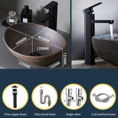 Cuba de Cerâmica Marrom para Lavatório de Banheiro Oval Artística para Mesa de Banheiro, Bacia de Lavar Roupa para Varanda, Bacia de Pedestal Acima do Balcão