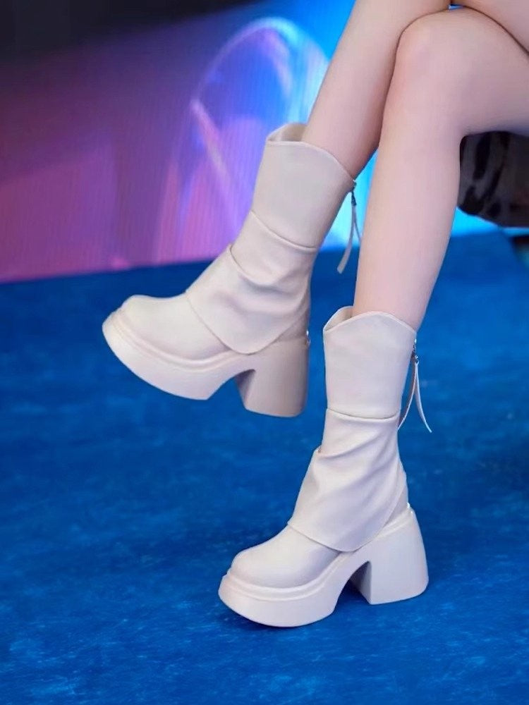 Autumn and winter new waterproof platform thick heeled fashion boots with thick sole height increasing short tube slimming boots